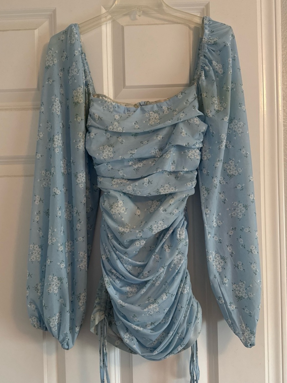 Hello Molly Powder Blue Floral Ruched Long-Sleeve Dress